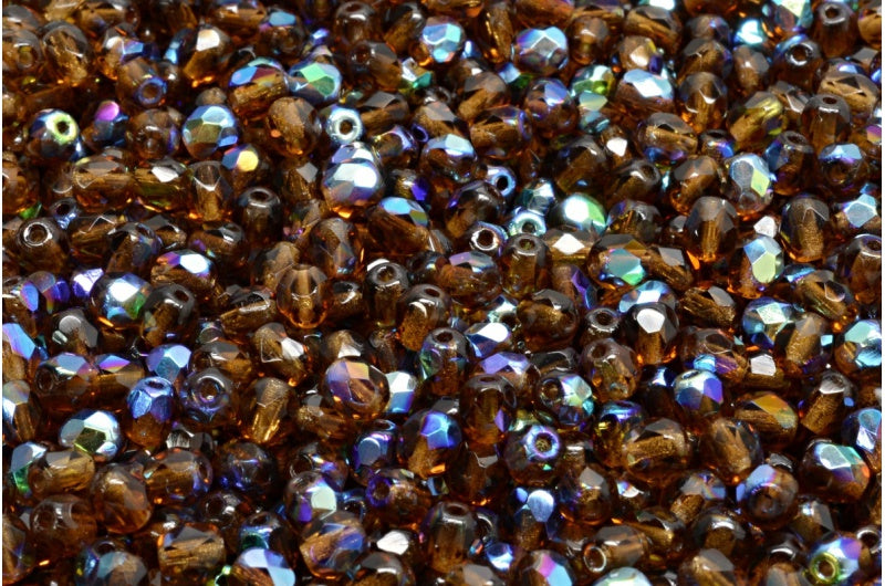 Fire Polished Faceted Beads Round, Transparent Brown Ab (10230-28701), Bohemia Crystal Glass, Czech Republic