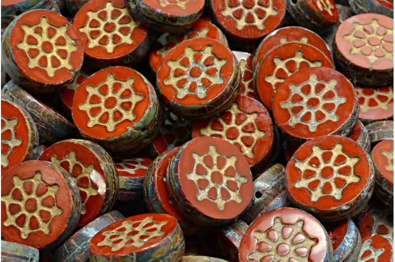 Table Cut Wheel Coin Beads, Opaque Brown Travertin 54302 (13600 86800 54302), Glass, Czech Republic