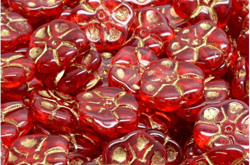 Primrose flower beads, Ruby Red Gold Lined (90080-54302), Glass, Czech Republic