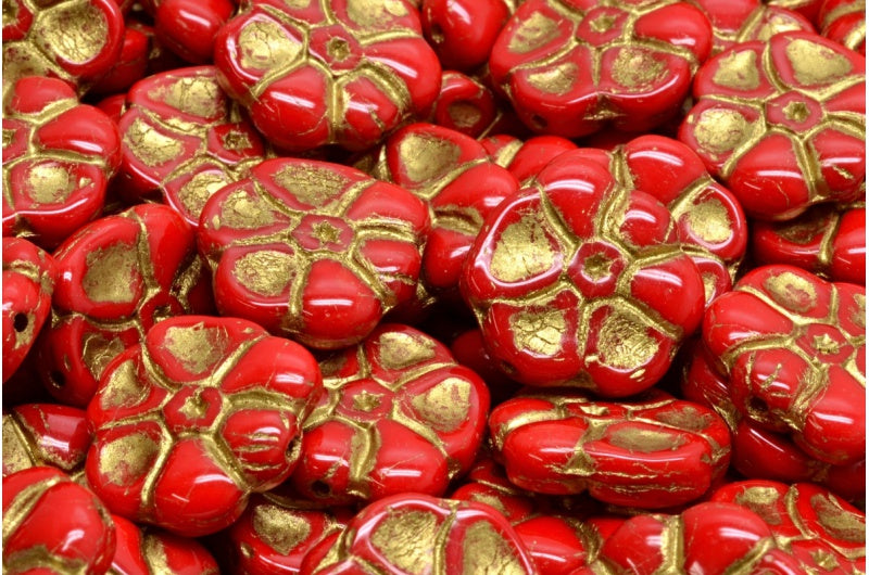 Primrose flower beads, Opaque Red Gold Lined (93200-54302), Glass, Czech Republic