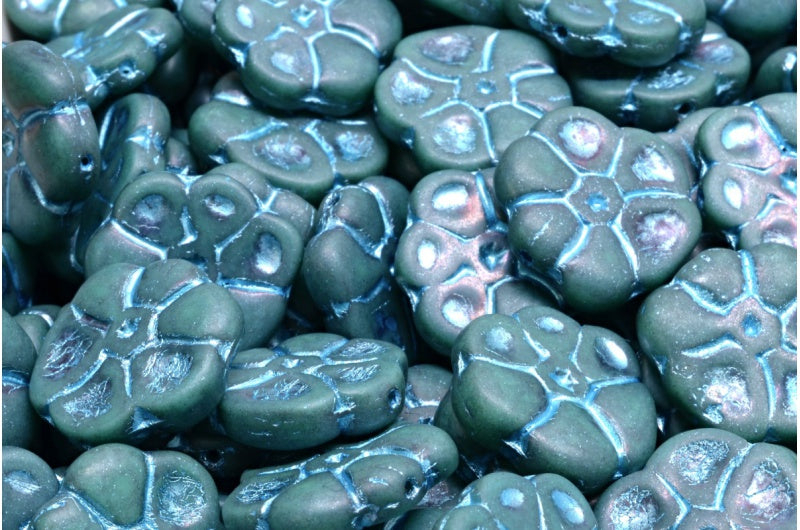 Primrose flower beads, Turquoise Matte Nebula 54323 (63130-84100-15001-54323), Glass, Czech Republic