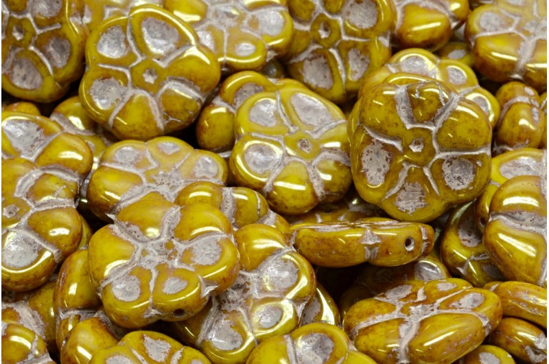 Primrose flower beads, Yellow Luster Red Full Coated Beige Lined (83120-14495-54311), Glass, Czech Republic