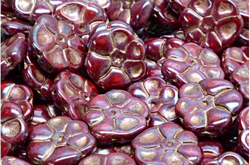 Primrose flower beads, Opaque Red Nebula Copper Lined (93200-15001-54324), Glass, Czech Republic