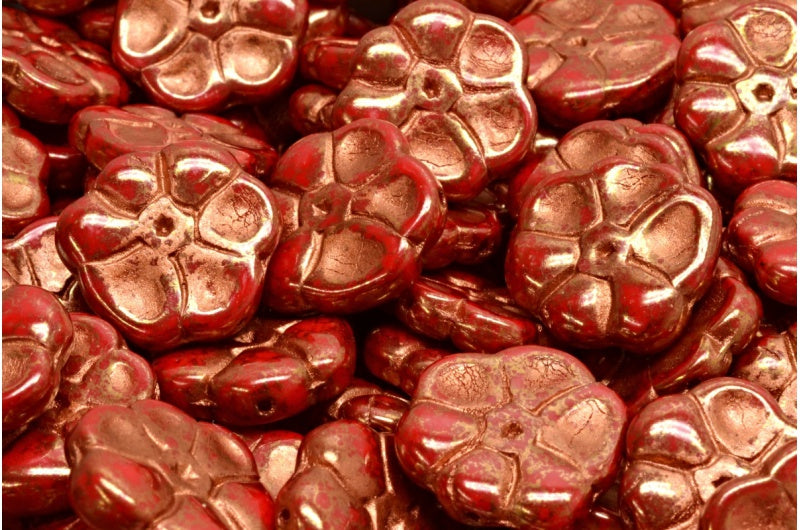 Primrose flower beads, Opaque Red Terracotta Violet Copper Lined (93200-15496-54319), Glass, Czech Republic