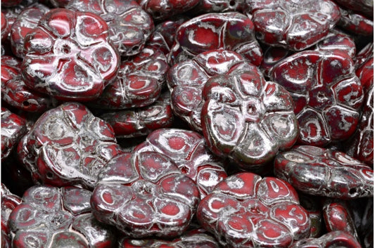 Primrose flower beads, Opaque Red Picasso (93200-43400), Glass, Czech Republic