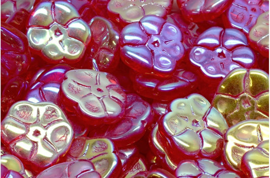 Primrose flower beads, Ruby Red Ab Full (2X Side) (90080-28703), Glass, Czech Republic