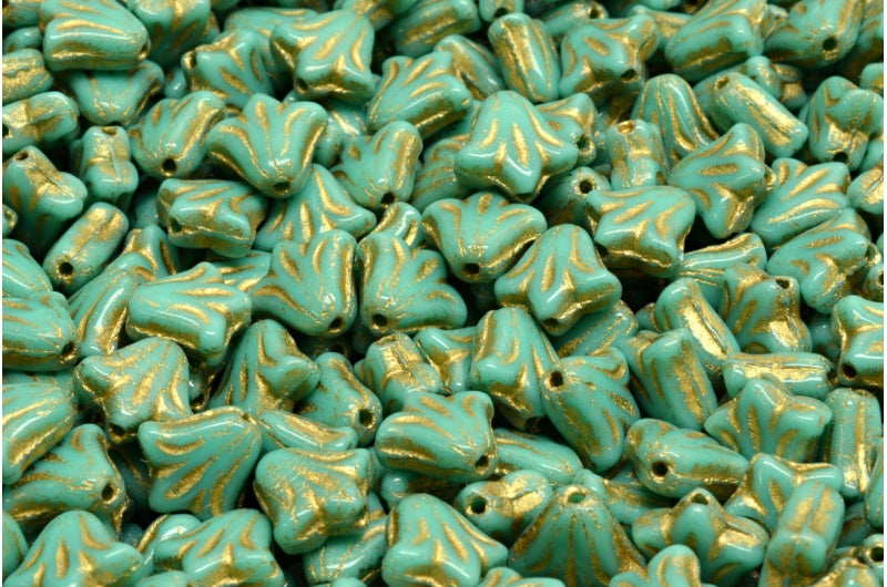 ユリの花のビーズ、ターコイズゴールドライン（63130-54302）、ガラス、チェコ共和国