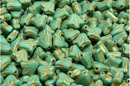 ユリの花のビーズ、ターコイズゴールドライン（63130-54302）、ガラス、チェコ共和国