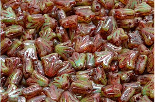 ユリの花のビーズ、R0613 トラバーチン レッドライン (R0613-86800-54314)、ガラス、チェコ共和国