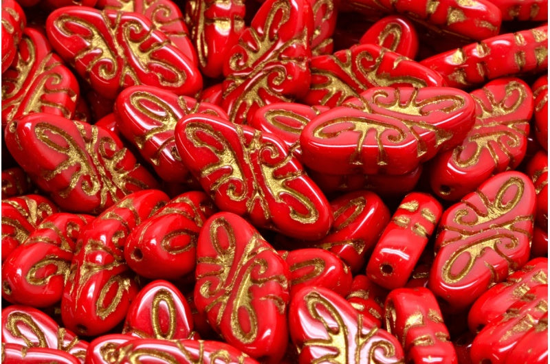 蔓藤花纹珠子，不透明红金内衬 (93200-54302)，玻璃，捷克共和国