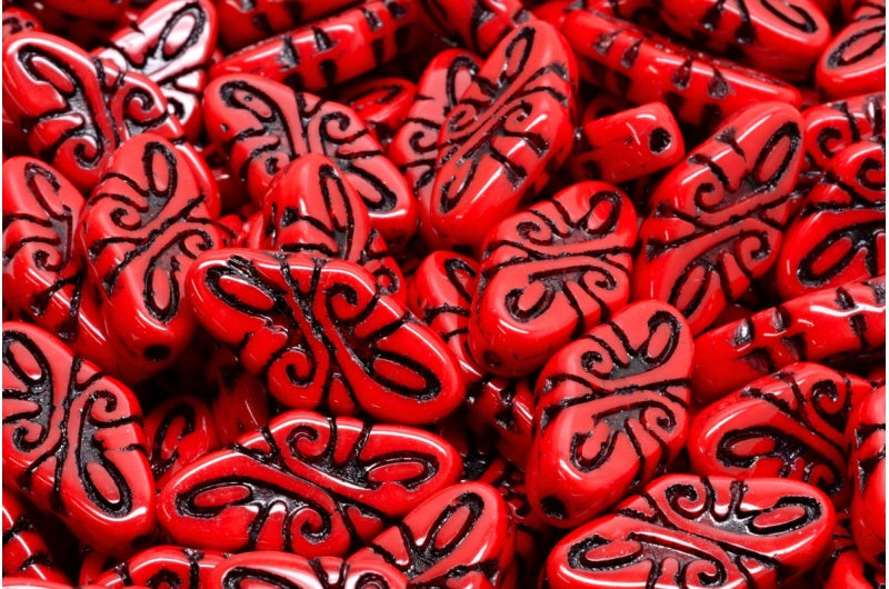 Arabesque Beads, Opaque Red Black Lined (93200-54313), Glass, Czech Republic