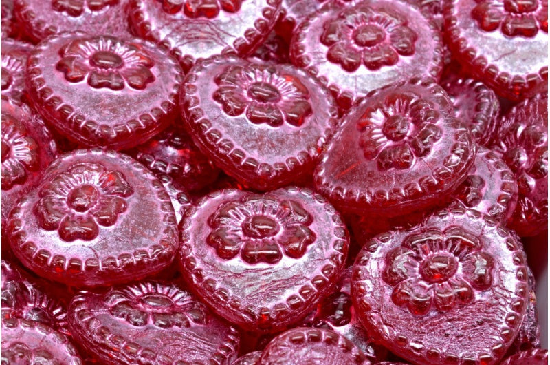 Heart Beads With Rose, Ruby Red Pink Lined (90080-54321), Glass, Czech Republic