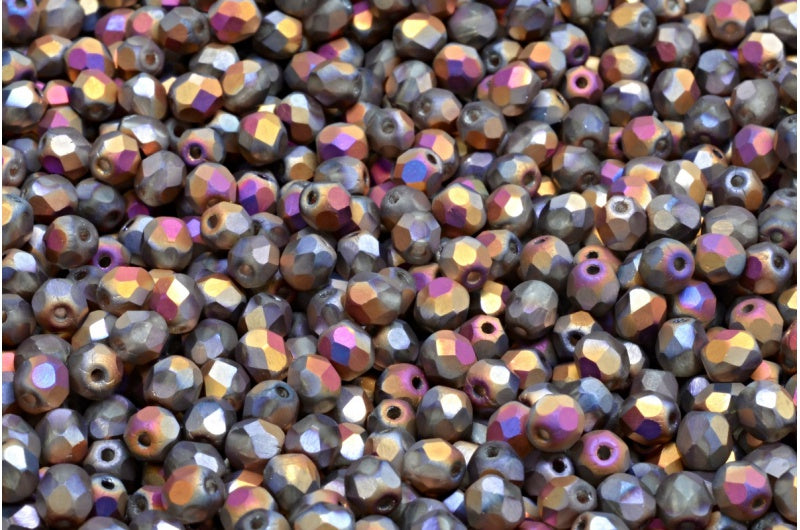 Fire Polish Faceted Round Beads, Crystal Matte Sliperit Full (2X Side) (00030-84100-29503), Glass, Czech Republic