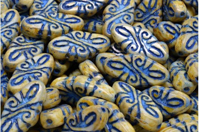 蔓藤花纹珠子，白色石灰华蓝色内衬 (02010-86800-54309)，玻璃，捷克共和国