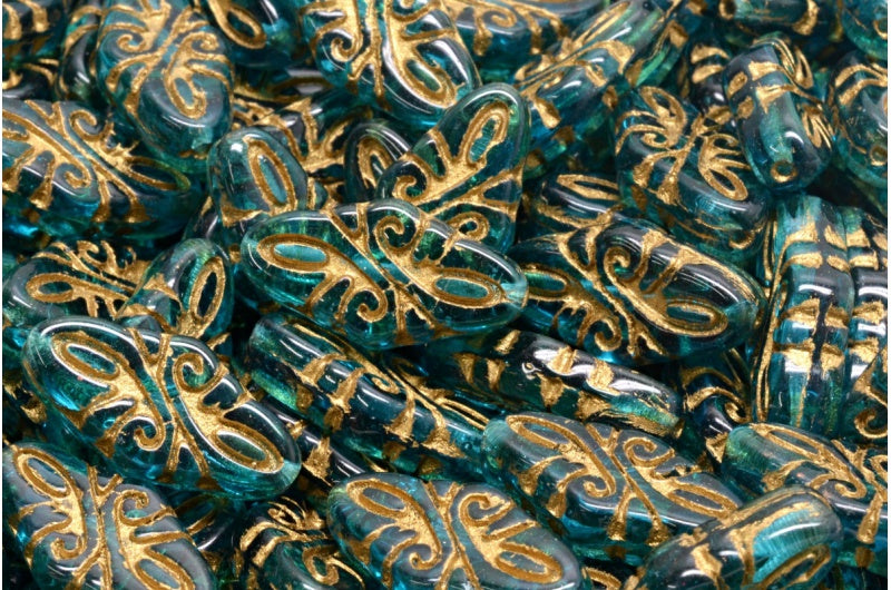 アラベスクビーズ、透明アクアゴールドライン（60140-54302）、ガラス、チェコ共和国
