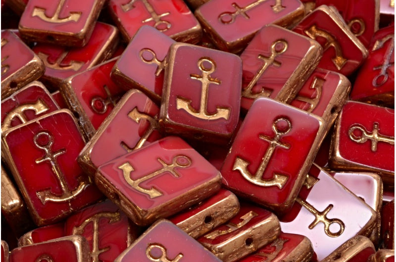 Table Cut Rectangle Beads with Anchor, Opal Red Brass (91260 90215), Glass, Czech Republic