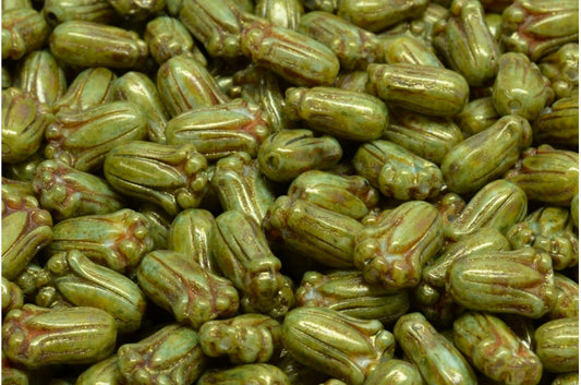 Tulip Bud Beads, White Brown Luster Spotted (02010-65326), Glass, Czech Republic