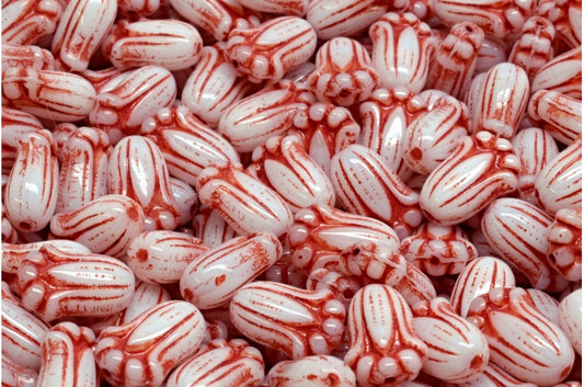 Tulip Bud Beads, White Red Lined (02010-54310), Glass, Czech Republic