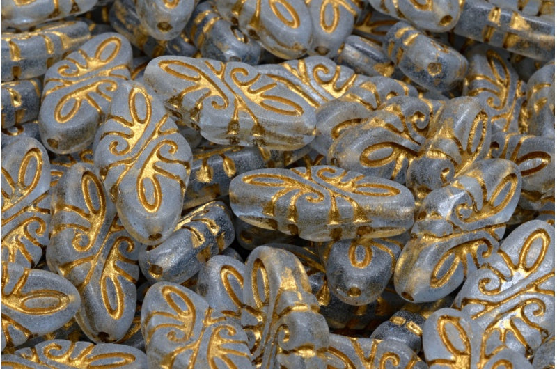 蔓藤花纹珠子，透明蓝色哑光金色内衬 (30010-84100-54302)，玻璃，捷克共和国