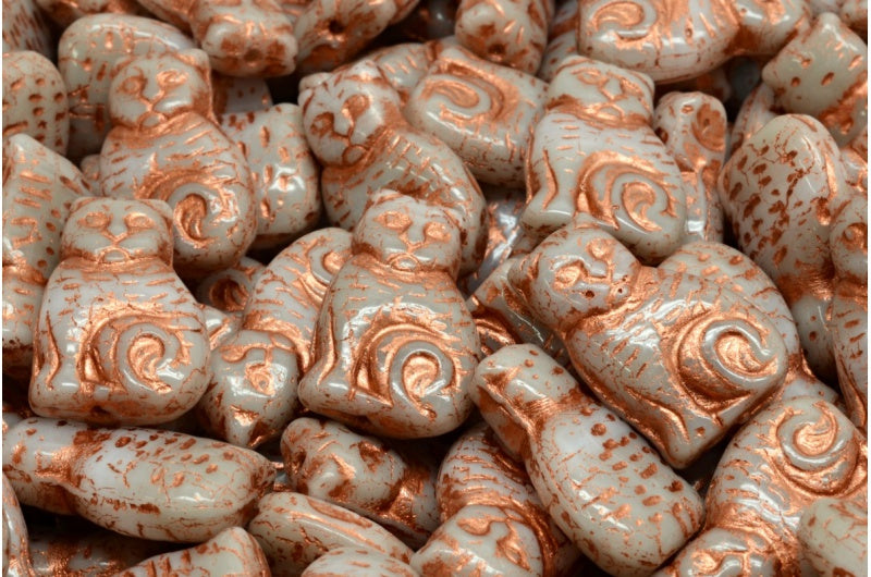 Cat beads, White Beige Copper Lined (r2432-54319), Glass, Czech Republic