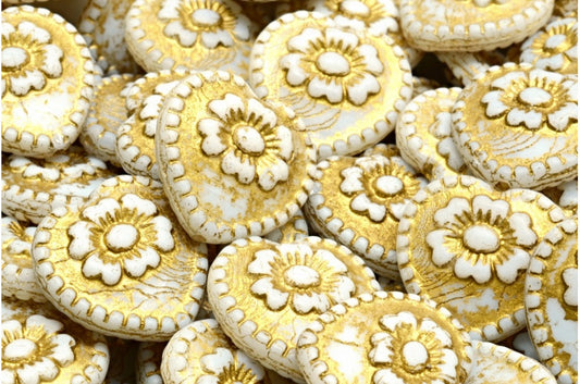 Heart Beads With Rose, White Opal Gold Lined (02020-54302), Glass, Czech Republic