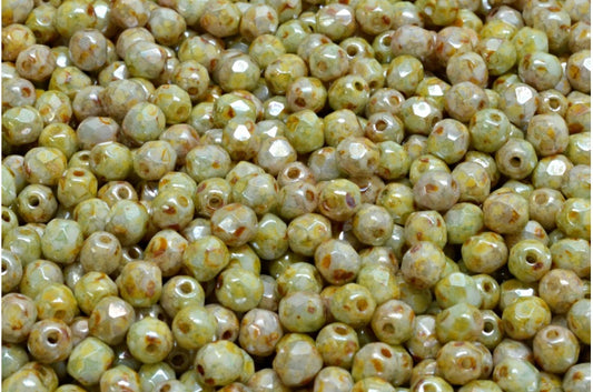 Fire Polished Faceted Beads Round, Chalk White Senegal Green (03000-15657), Bohemia Crystal Glass, Czech Republic