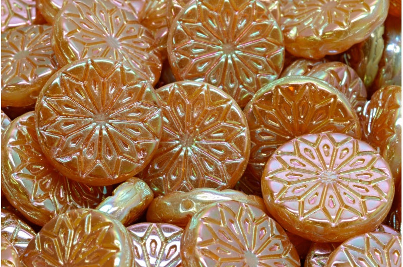 Origami Flower Beads, Opal White Jet Black Full Apricot (01000-29123), Glass, Czech Republic