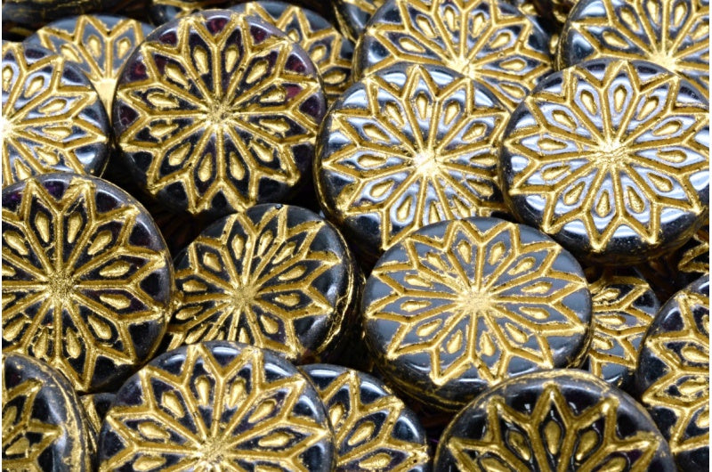 Origami Flower Beads, Transparent Dark Blue Gold Lined (30220-54302), Glass, Czech Republic