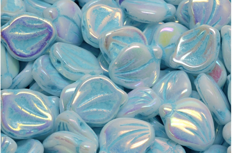 Peony Petal Beads White Ab Full (2X Side) Light Blue Lined (02010-28703-54308), Glass, Czech Republic