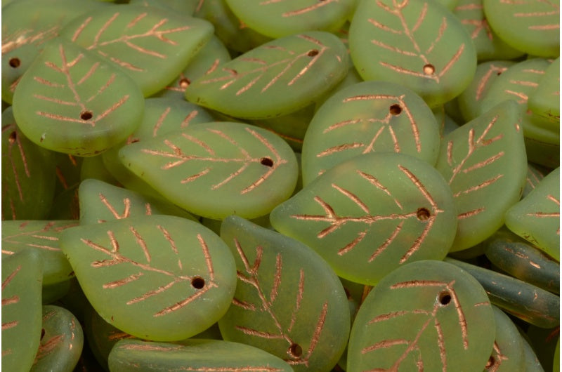 Apple Leaf Beads, Transparent Green Copper Lined Matte (50220-54319-84100), Glass, Czech Republic