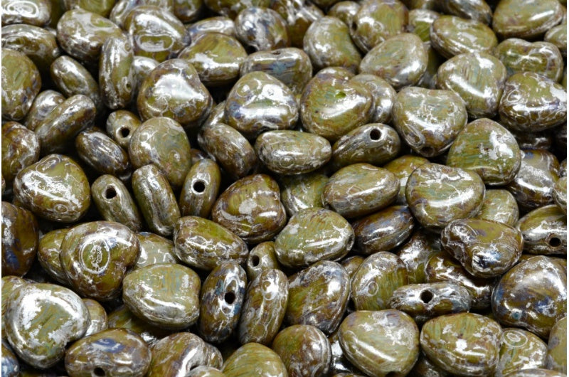 ハートビーズ、グリーンピカソ（53420-43400）、ガラス、チェコ共和国