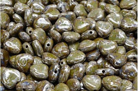 ハートビーズ、グリーンピカソ（53420-43400）、ガラス、チェコ共和国