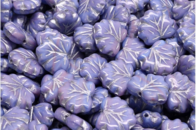 メープルリーフビーズ、不透明ライラックブルー、シルバーライン（37714-54301）、ガラス、チェコ共和国