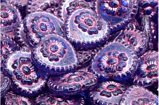 バラのハートビーズ、コバルトピンクのライン入り（30050-54321）、ガラス、チェコ共和国