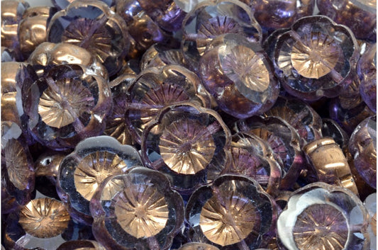 Table Cut Hawaii Flower Beads, Transparent Blue Bronze (30010 14415), Glass, Czech Republic