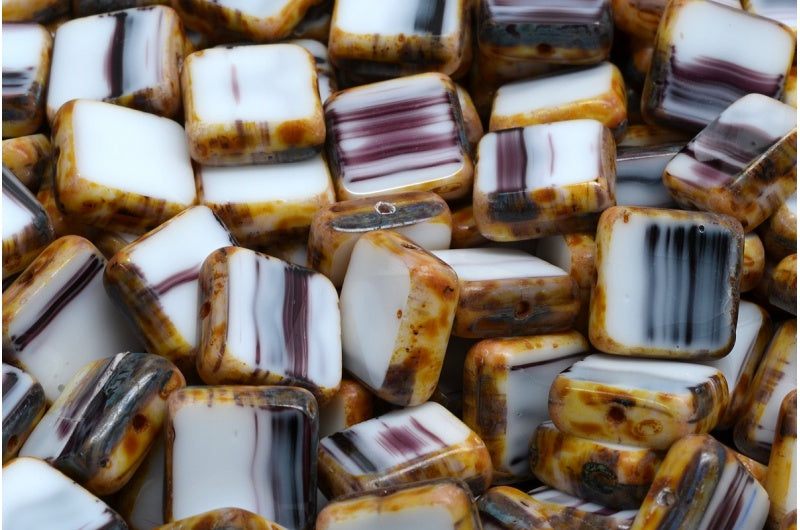 Table Cut Square Beads, Chalk White Black Travertin (3000 23980 86800), Glass, Czech Republic