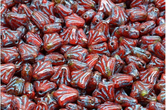 ユリの花のビーズ、レッドトラバーチン、ライトブルーのライン入り（R0930-86800-54308）、ガラス、チェコ共和国