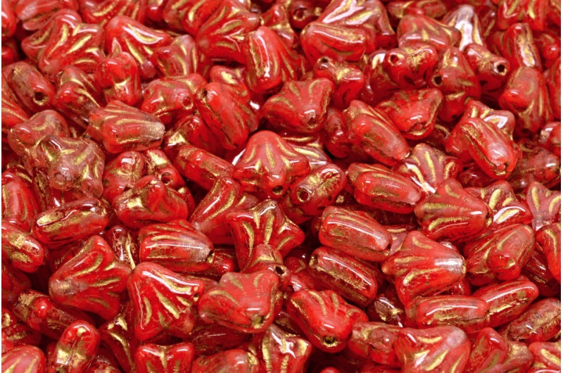 ユリの花のビーズ、赤ブロンズライン（R0930-54317）、ガラス、チェコ共和国