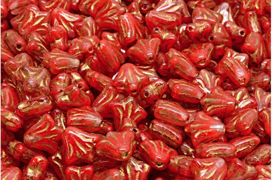 ユリの花のビーズ、赤ブロンズライン（R0930-54317）、ガラス、チェコ共和国