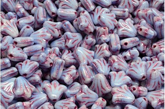 ユリの花のビーズ、ライトスカイブルーピンクのライン入り（07314-54321）、ガラス、チェコ共和国