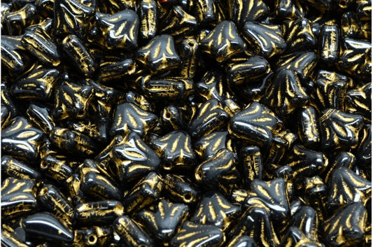 ユリの花ビーズ、ブラックゴールドライン（23980-54302）、ガラス、チェコ共和国
