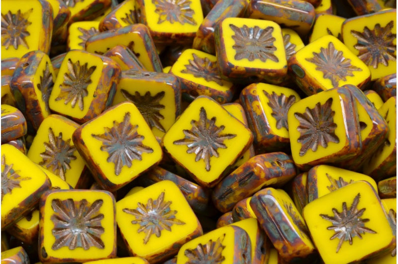 Table Cut Square Kiwi Beads, Yellow Travertin 54317 (83120 86800 54317), Glass, Czech Republic