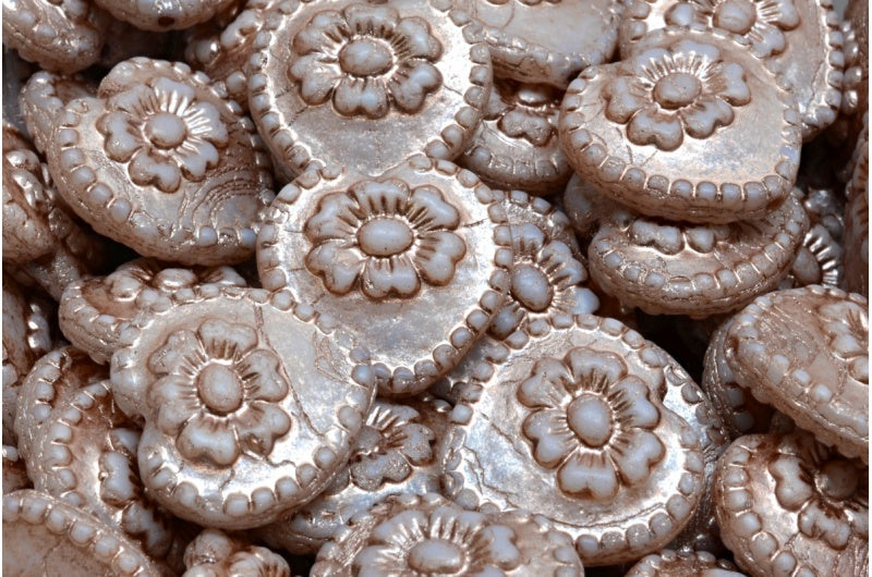 バラのハートビーズ、ホワイトオパール銅張り（02020-54324）、ガラス、チェコ共和国