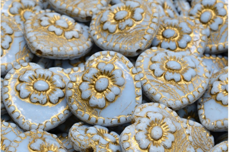 Heart Beads With Rose, Light Blue Gold Lined (33000-54302), Glass, Czech Republic