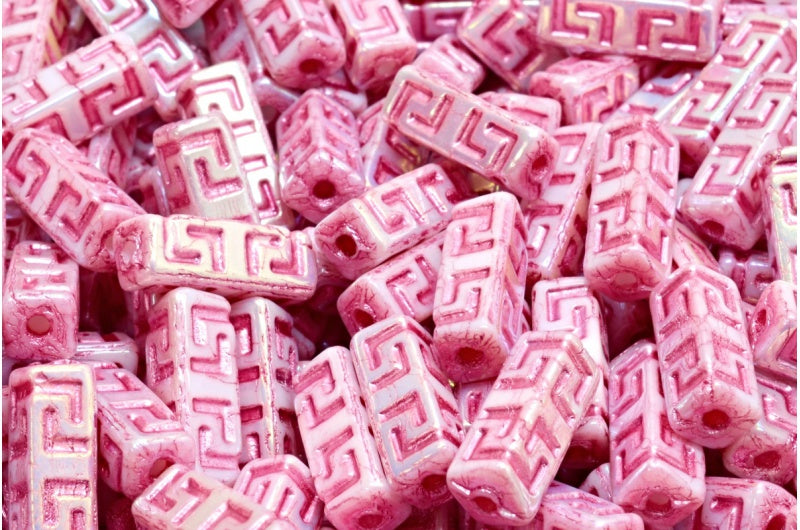 Celtic Block Beads, White Ab Full (2X Side) Pink Lined (02010-28703-54321), Glass, Czech Republic