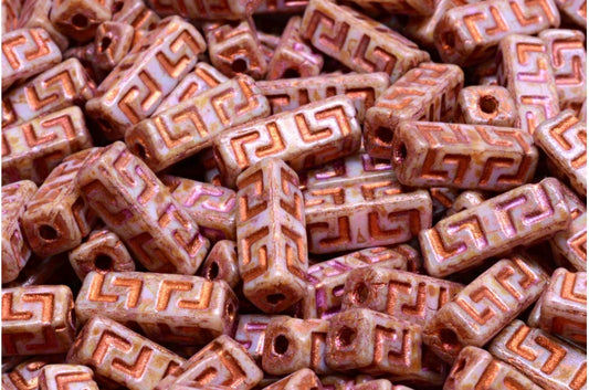 Celtic Block Beads, White Pink Beige Luster Spotted Copper Lined (02010-65323-54319), Glass, Czech Republic