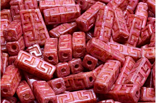 Celtic Block Beads, White Rose Luster Spotted Red Lined (02010-65327-54310), Glass, Czech Republic