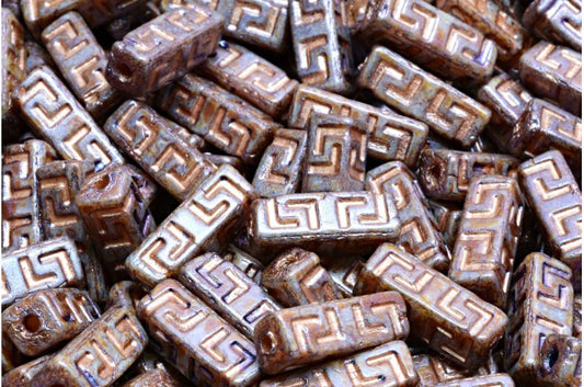 Celtic Block Beads, White Purple Brown Luster Spotted Copper Lined (02010-65329-54324), Glass, Czech Republic