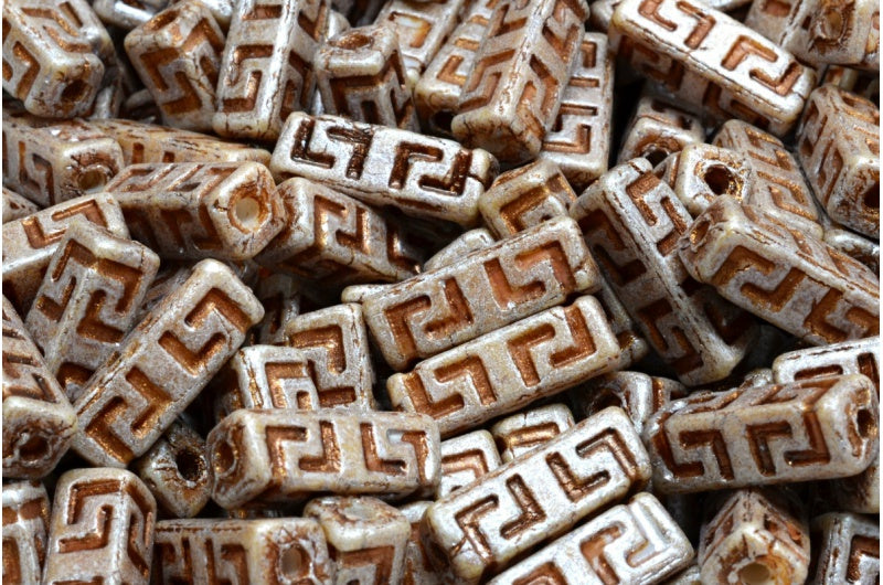 Celtic Block Beads, White Matte Cream Luster Spotted Bronze Lined (02010-84100-65321-54317), Glass, Czech Republic