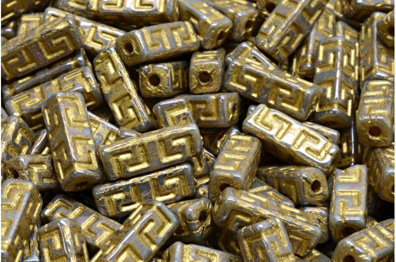 Celtic Block Beads, Beige Nebula Gold Lined (11111-15001-54302), Glass, Czech Republic